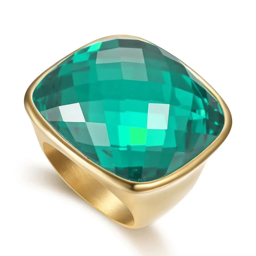 Niche Exaggerated Modern Large Gemstone Women's Ring Titanium Steel Plated 18k Gold Jewelry