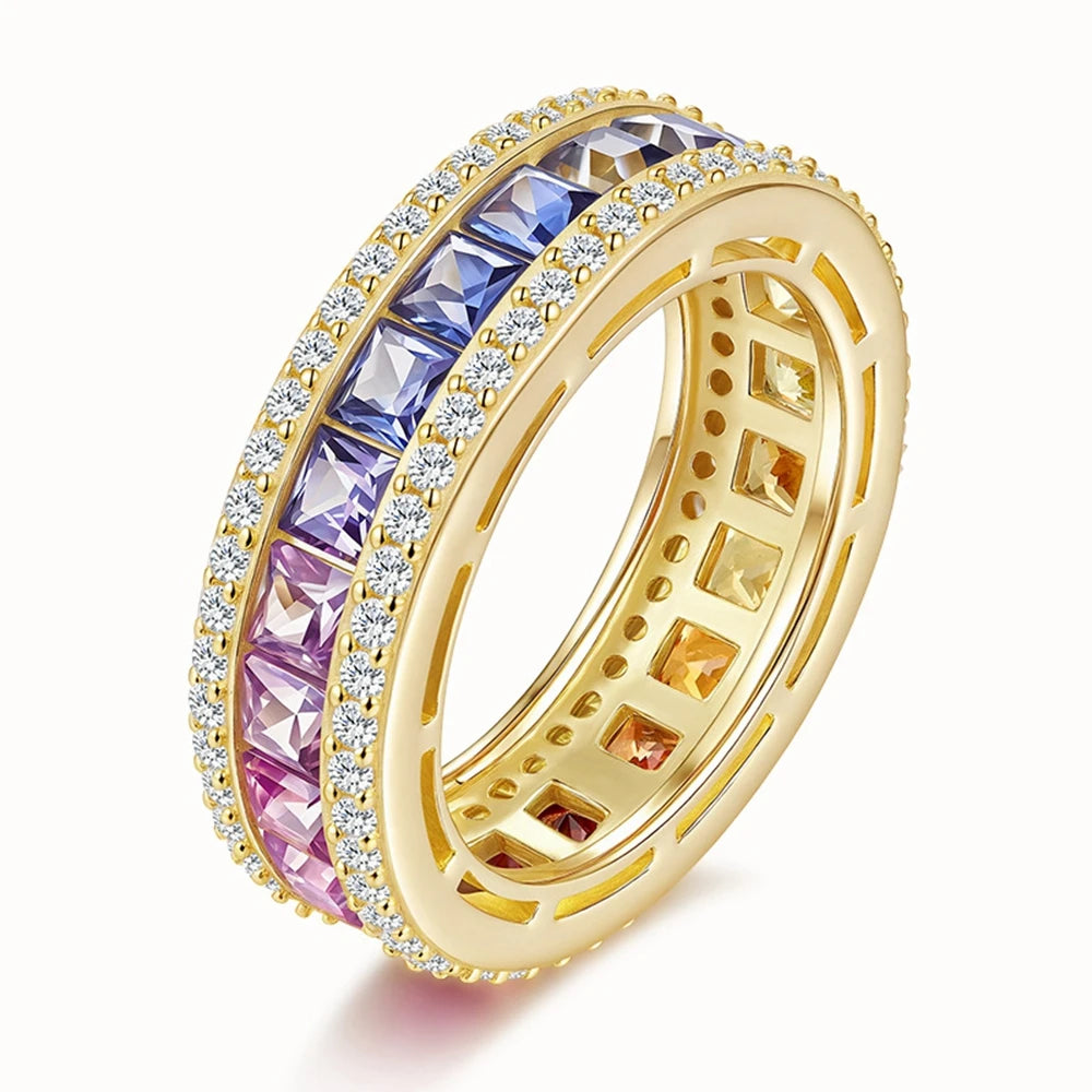 Wong Rain Luxury 925 Sterling Silver Lab Sapphire High Carbon Diamond Colorful Row Rings for Women Fine Jewelry Wedding Band