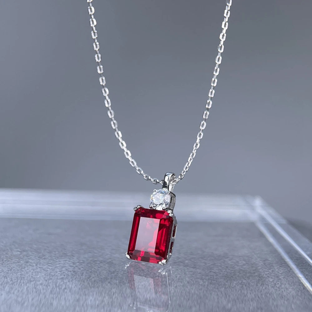 Wong Rain 925 Sterling Silver 8*10 MM Tanzanite Sapphire Ruby Citrine Emerald High Carbon Diamond Pendant Necklace Fine Jewelry