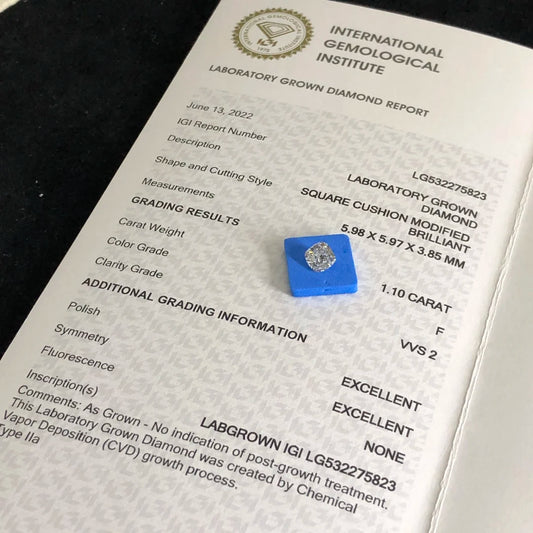 Diamante Lab Grown Taglio Cuscino con Certificato IGI Ct 1.10 Colore F Purezza VVS2