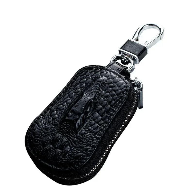 Cowhide Car Key Wallet Case Genuine Leather Crocodile Pattern Zipper Cover Mini Waist Trailer Key Bag Unisex with Metal Buckle