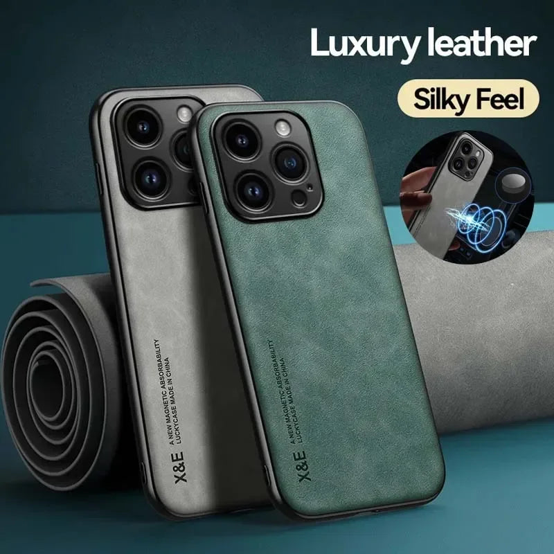 Luxury Leather Case For iPhone 16 16e 15 14 13 12 11 Pro Max Plus 12 13 Mini X XS SE 8 7 Cover With Metal Plate Support Car Hold