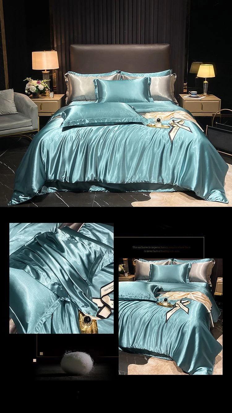 Real 100% Mulberry Silk Bedding Set with Duvet Cover Fitted/Flat Bed Sheet Pillowcase Solid Color 4pcs King Queen Twin Bed Sets