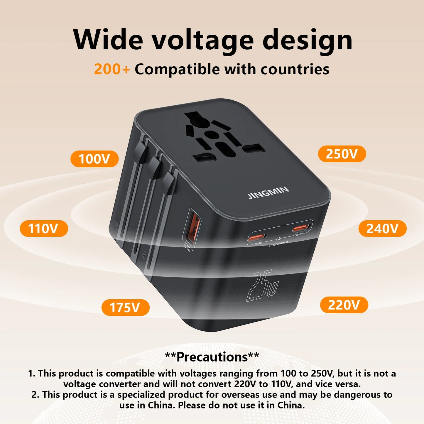 Universal Travel Adapter with 1 USB Ports 2 Type-C PD Charging All-in-Travel Adapter EU/UK/USA/AUS Plug for Travel Fast Charging