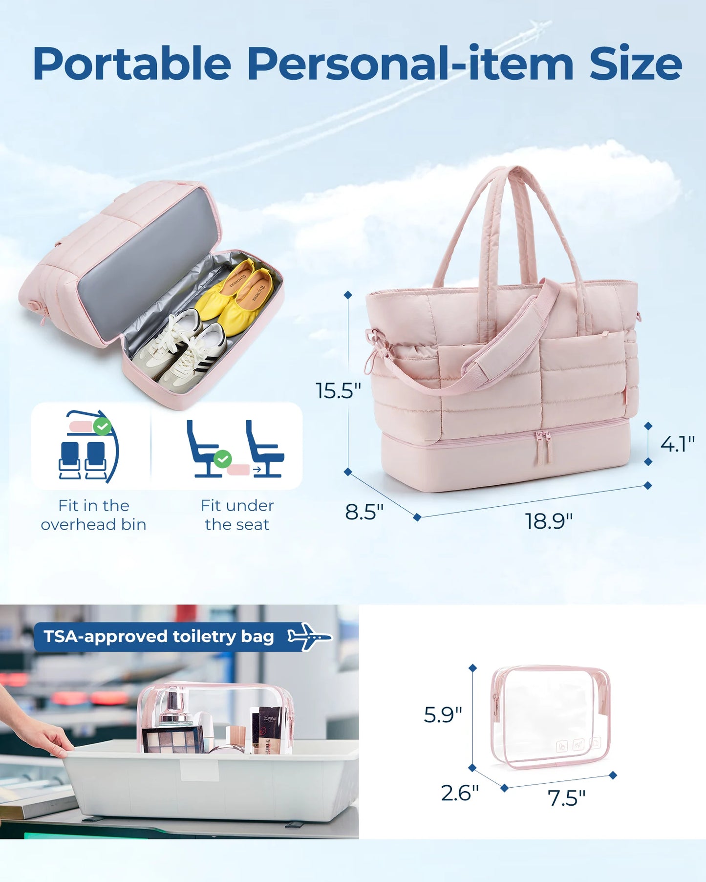 BAGAMRT Travel Bags Puffy Tote Bag Large Capacity Quilted Shoulder Handbag traveling Luggage Bags with Shoe Separation