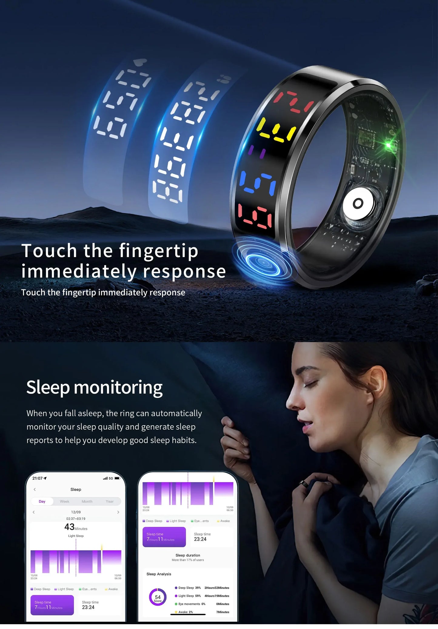 2025 Smart Ring For Men Women Heart Rate Blood Oxygen Health and Sleep Monitor Multi Sport 5ATM Waterproof Ring With LED Display