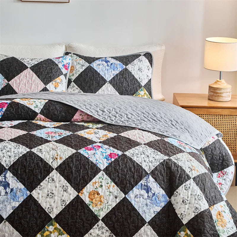 New Quilted Bedspread Set,Soft Microfiber,Thick Bed Cover+Pillowcase,European Flower Patchwork Mattress Topper Bed Sheets King