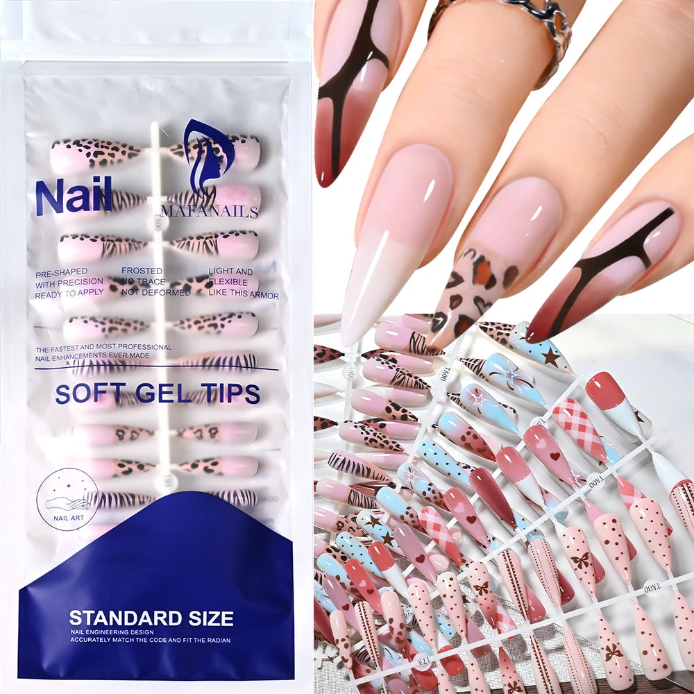 120Pcs Y2k Star Leopard Print Long Stilettos False Nails 5-Styles Pink/Blue Glossy Acrylic Press on nails Full Cover Fake Nails_
