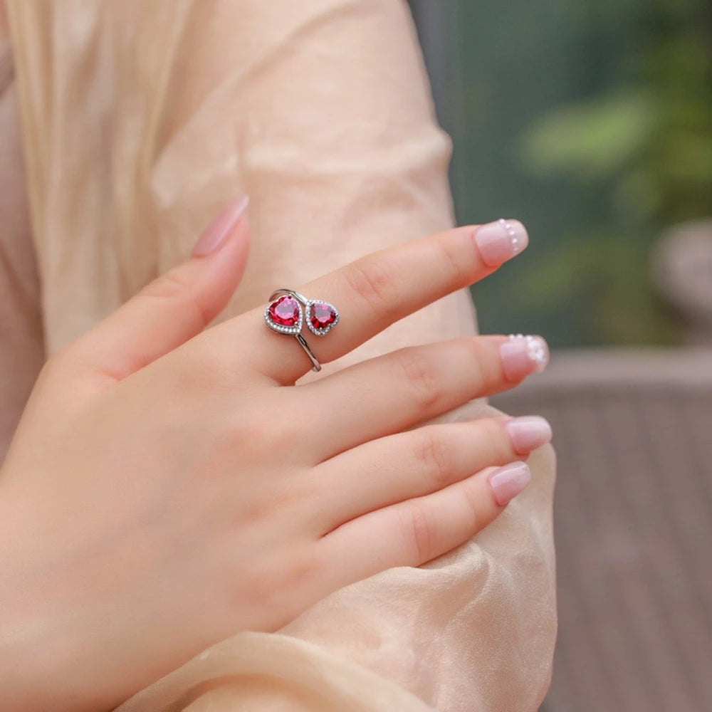 Wong Rain Vintage 925 Sterling Silver Heart Cut 6 MM Ruby High Carbon Diamond Gem Adjustable Ring for Women Party Fine Jewelry
