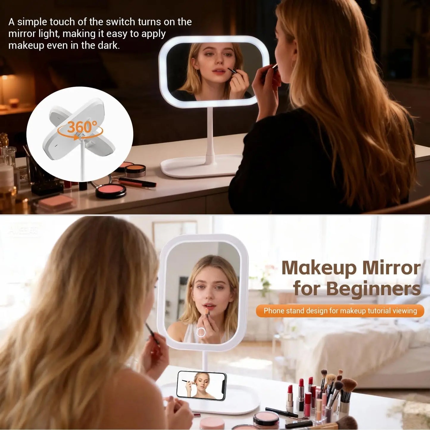 Vanity Makeup Mirror with Light, 3 Lights Color Portable Compact Travel Cosmetic Mirror Gifts Rechargeable Rotation Adjustment