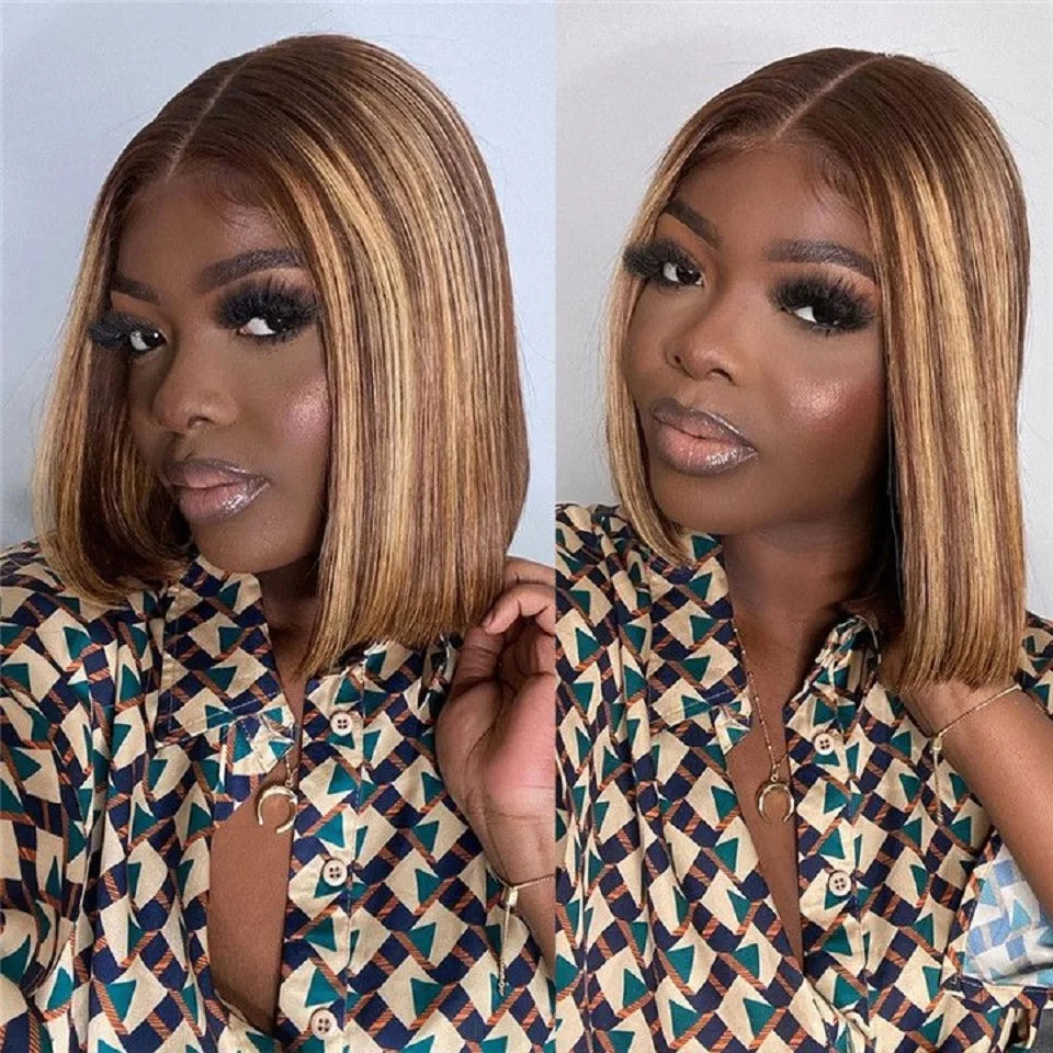 Highlight Ombre Straight Short Bob 4x4 Lace Closure Wigs 100% Human Hair Vietnamese 200 Density #4/27 Color 13x4 Lace Front Wig