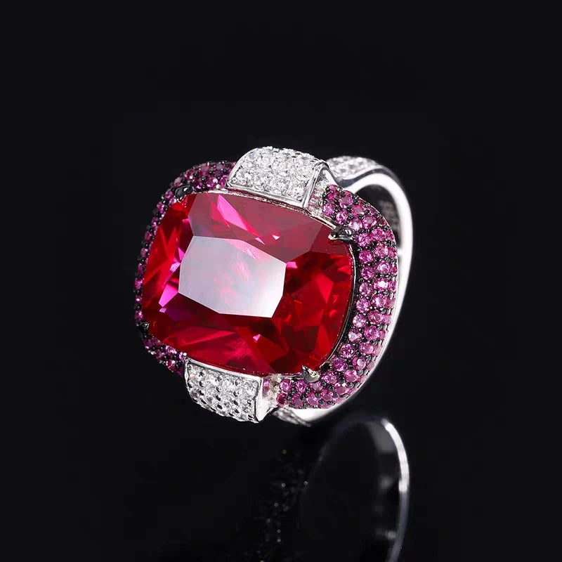 Silver Color Ruby Emerald Rings for Women Lab Diamond Wedding Bands Gemstone Cocktail Party Fine Jewelry Female Anniversary Gift