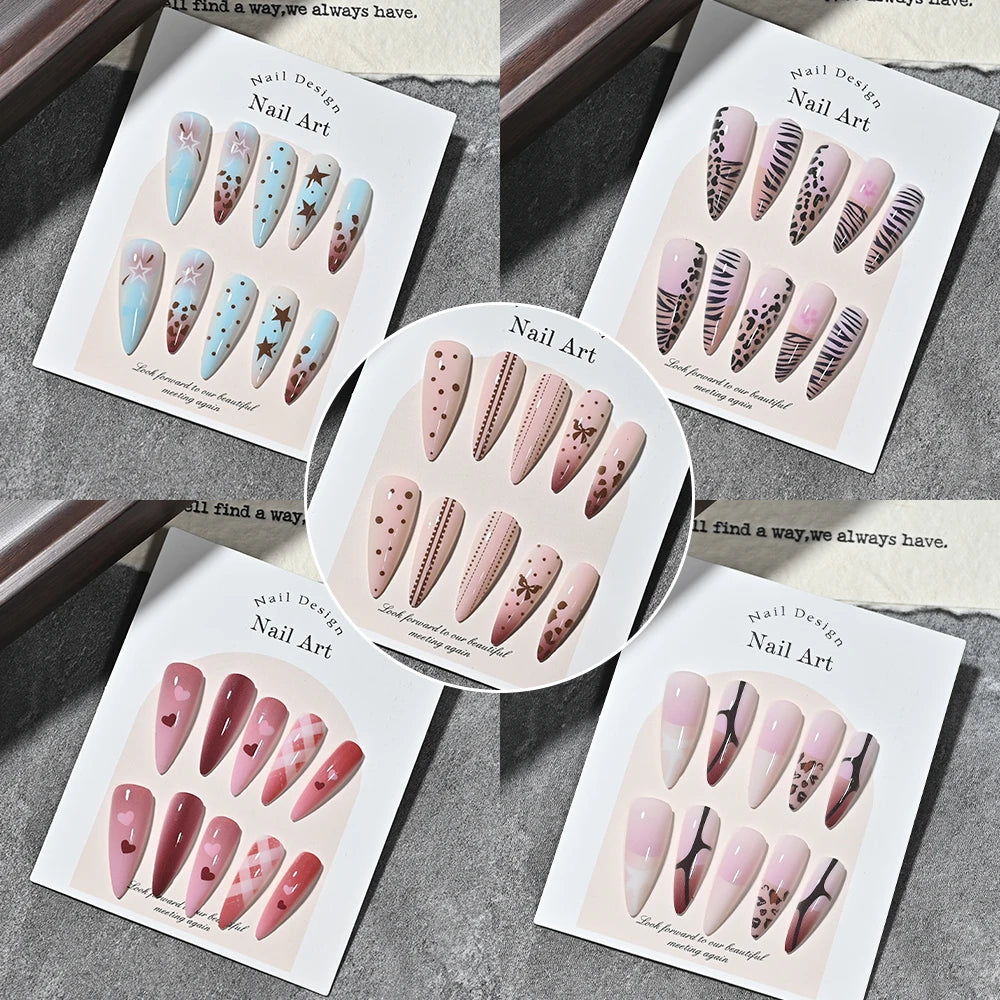 120Pcs Y2k Star Leopard Print Long Stilettos False Nails 5-Styles Pink/Blue Glossy Acrylic Press on nails Full Cover Fake Nails_