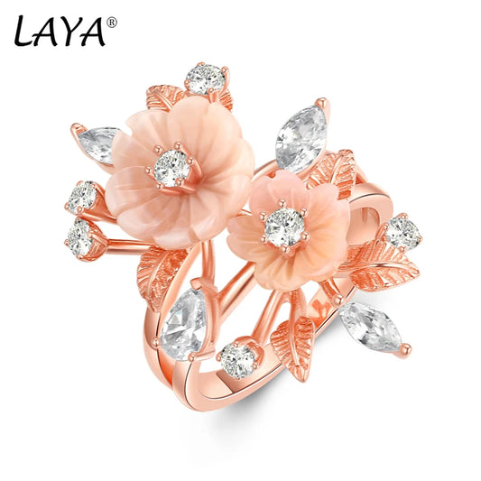 LAYA Ring 100% 925 Sterling Silver For Women Pink Shell Flower White Shining Zircon Finger Wedding Party Luxury Fine Jewelry