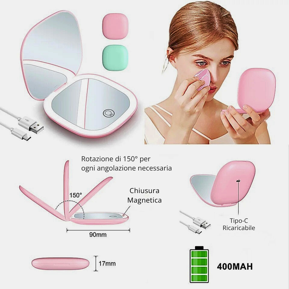 Mini Specchio Make Up con Ingrandimento e Illuminazione