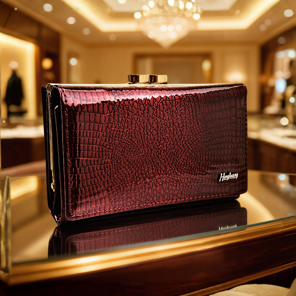 Cartera de piel de becerro auténtica con temática de cocodrilo